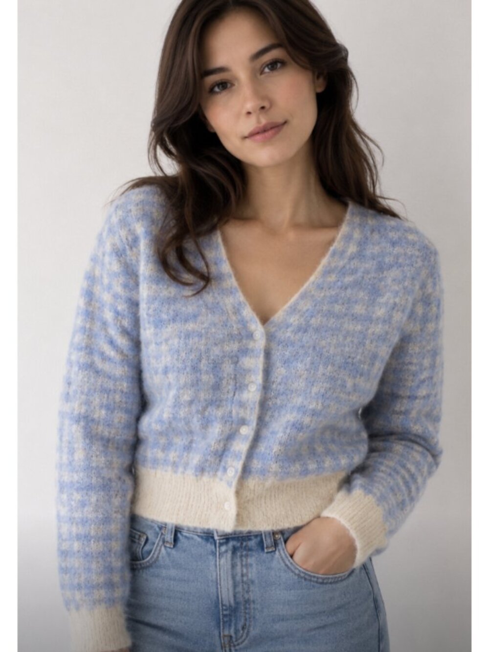 URAGO Wool Blend Gingham Check Cropped Cardigan Twee Cottagecore Coquette